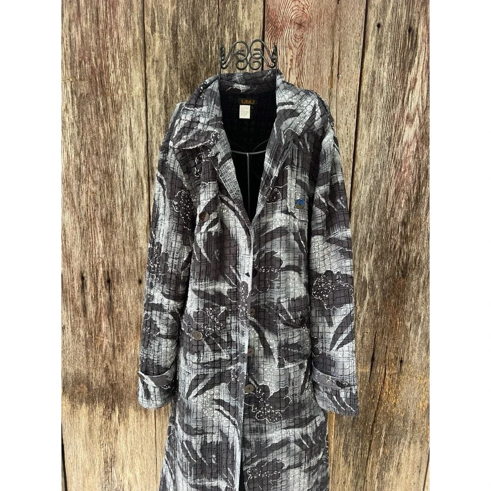 Ubu Women's XL Jacket-Crinkle‎ Fabric-black White Foral Button Duster Artsy